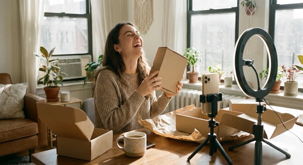 A creator filming a product unboxing