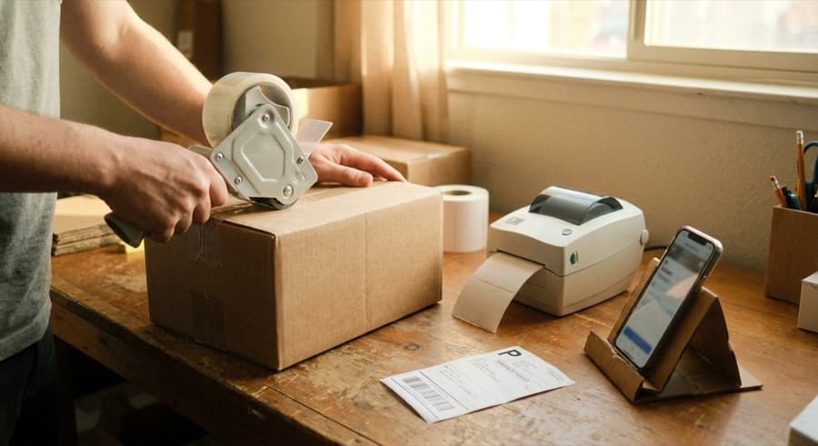 Taping a kraft shipping box at a packing station