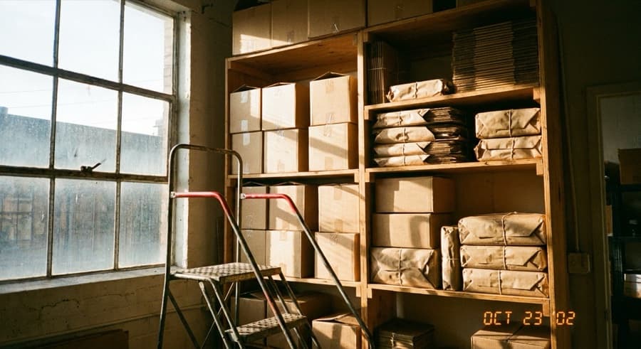 A small studio warehouse shelf stocked with kraft boxes